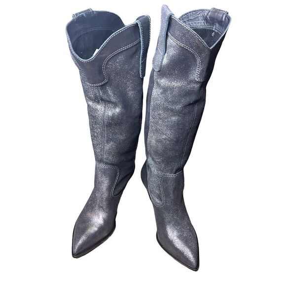 Larroude Louise Graphite Metallic Oil Shiny Cowboy Boot NWOB Size 6 - Picture 3 of 10